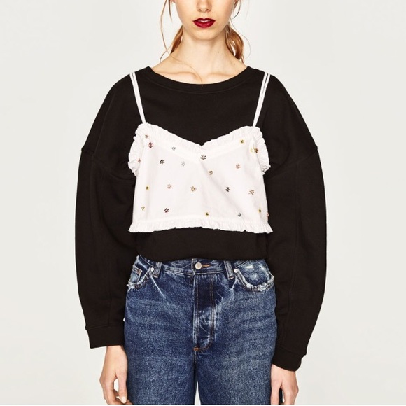 Zara Tops - ZARA Embellished Crop White Top